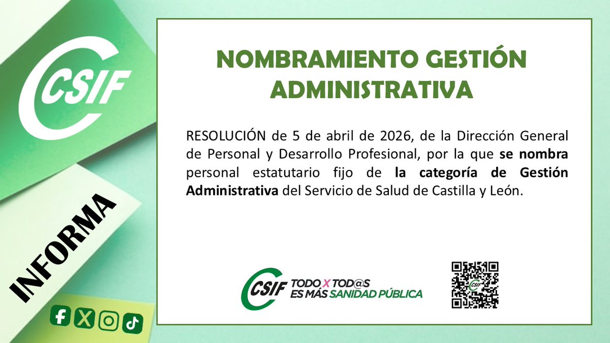 Nombramiento personal estatutario fijo de la categoría de Gestión Administrativa.

¡Síguenos en redes!
lnk.bio/CSIF_Sanidad_C…