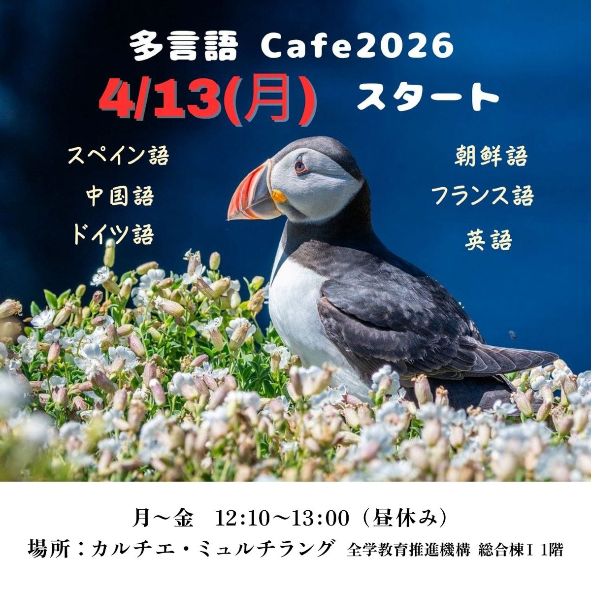 【学内向け】多言語カフェを再開しました！ 外国語でのおしゃべりを楽しみながら会話力向上をめざすイベントです。英語、フランス語、スペイン語、ドイツ語、中国語、朝鮮語（韓国語）の６つの言語を中心に開催しています。 celas.osaka-u.ac.jp/students/inter…