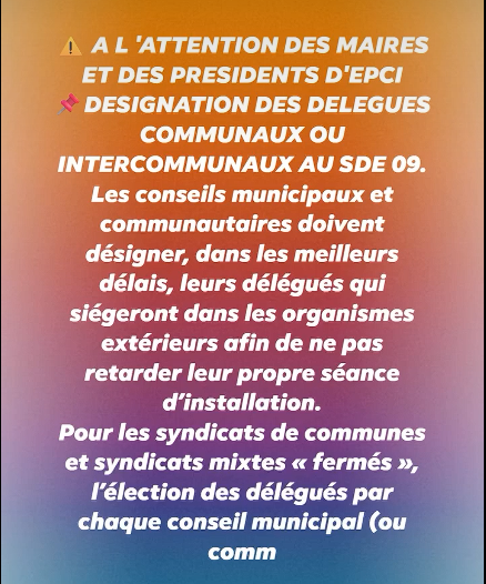 Sde_09's tweet photo. ARIEGE
Merci aux nouveaux maires et Présidents d'EPCI de transmettre leurs délégués pour siéger au Comité syndical du SDE 09. https://t.co/BKlNVkCYUo