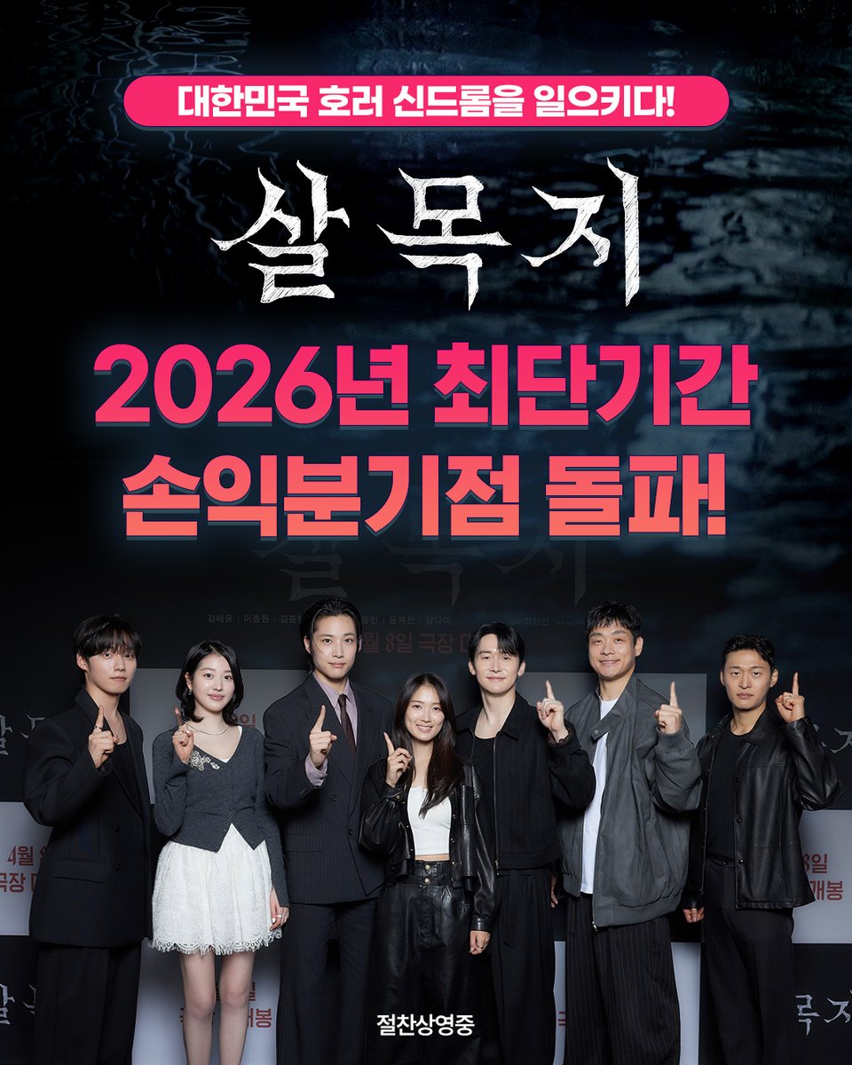 showboxmovie's tweet image. 무서운 속도로 개봉 7일만에 손익분기점 달성✨
2026년 개봉 영화 중 최단 기간 기록!

계속되는 입소문, 거침 없는 흥행 질주로 
대한민국의 호러 신드롬을 일으키다‼️

&amp;lt;살목지&amp;gt; #절찬상영중 👁️🩸
🔗프로필 링크에서 예매하기!

#김혜윤 #이종원
#김준한 #김영성 #오동민 #윤재찬 #장다아