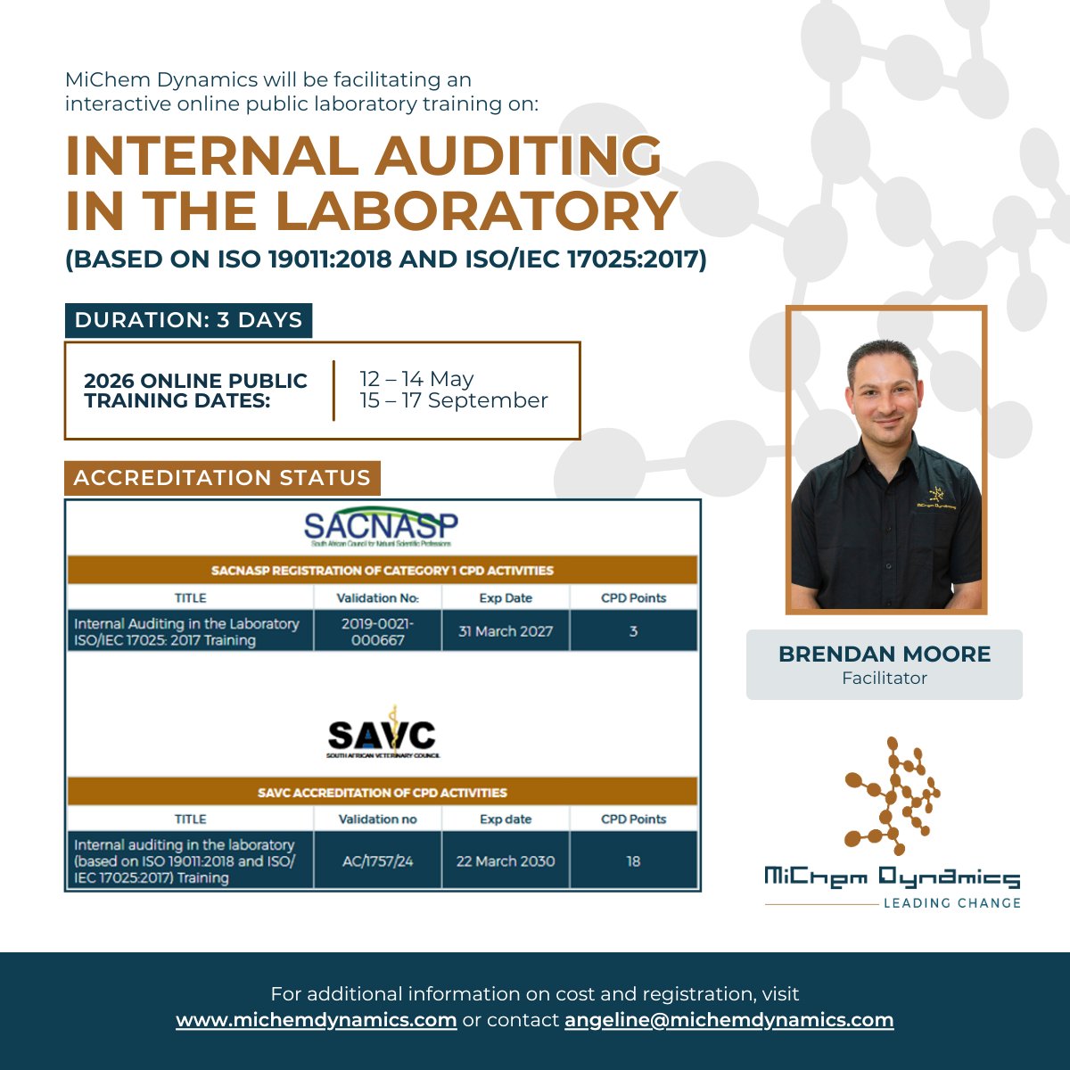 SACNASP Accredited Internal Auditing in the Lab Training
Based on ISO 19011:2018 &amp; ISO/IEC 17025:2017
📅12 – 14 May 2026
Online | Public Training

Register here: michemdynamics.com/training/scien… 

📧 anna@michemdynamics.com / +27 74 779 5239
📧 billal@michemdynamics.com / +27 68 013 8635