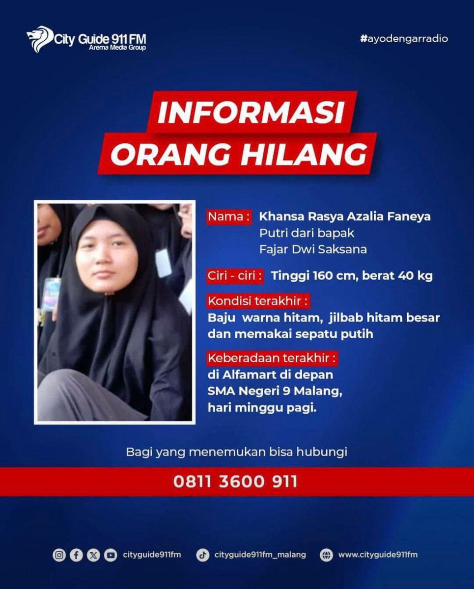 Mohon bantuan repostnya <a href="/StatsRawon/">StatsRawon</a> mbah <a href="/MafiaWasit/">Komisi Wasit</a> <a href="/emosijiwakucom/">EMOSI JIWAKU</a> <a href="/e100ss/">Radio Suara Surabaya</a>. Putri rekan kerja kami hilang kontak sejak hari Minggu kemarin 🙏🏻🙏🏻🙏🏻