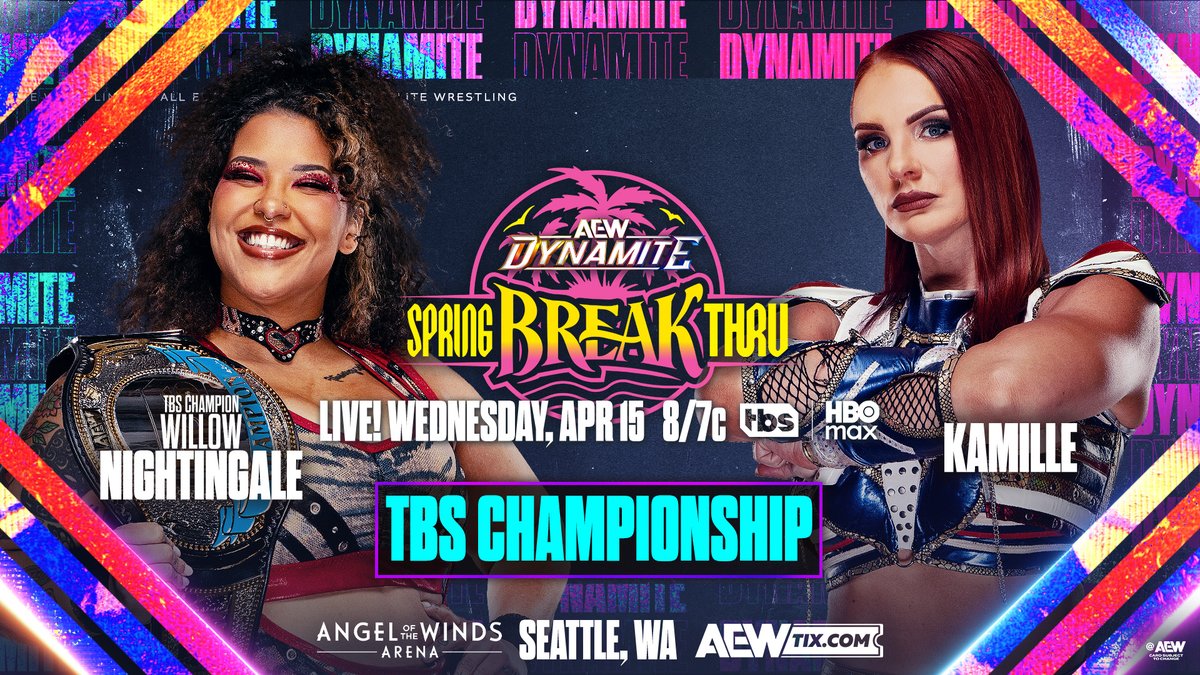AEW's tweet image. 🌴 Tomorrow, 4/15! 🌴

Join us on Spring BreakThru for the 1-Year Anniversary of Wednesday Night #AEWDynamite becoming the longest running prime time wrestling show on TBS!

It all begins LIVE at 8/7c on @TBSNetwork + @SportsOnMAX, TOMORROW!