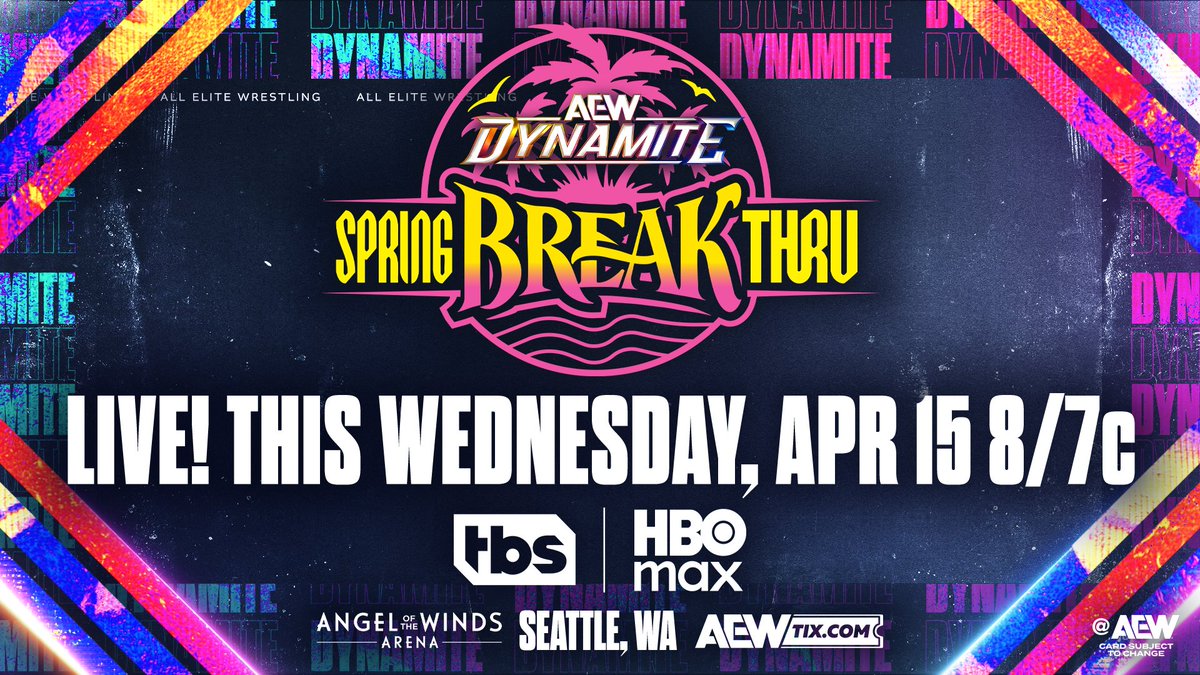 AEW's tweet image. 🌴 Tomorrow, 4/15! 🌴

Join us on Spring BreakThru for the 1-Year Anniversary of Wednesday Night #AEWDynamite becoming the longest running prime time wrestling show on TBS!

It all begins LIVE at 8/7c on @TBSNetwork + @SportsOnMAX, TOMORROW!