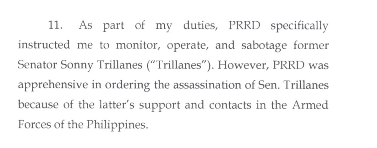 imtheatan's tweet image. So, kung walang connection si Sen Sonny Trillanes sa AFP? Hindi lang sabotage ang inabot nya. 

——

Paragraph #11 of Ramil Madriaga’s supplemental affidavit: 

As part of my duties, PRRD specifically instructed me to monitor, operate, and sabotage former Senator Sonny Trillanes