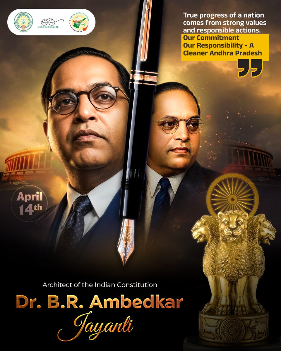 SwachhaAndhra's tweet photo. On the occasion of Dr. B.R. Ambedkar Jayanti, let us follow the moral values and sense of responsibility he taught us. The nation’s progress lies in our hands. By practicing cleanliness and discipline, let’s contribute towards building a Swachh Andhra Pradesh. 🇮🇳

@MoRD_GoI
@MoHUA_India
@ncbn
@PattabhiRamK1
@Dr_NarayanaP
@SwachhBharatGov
@swachhbharat
@PawanKalyan
@SwachSurvekshan
@mlkhattar
@RoopaMishra77
@sampathpommala
.
#AmbedkarJayanti #SwachhAndhra #CleanAndhraPradesh #Responsibility #EthicalLiving