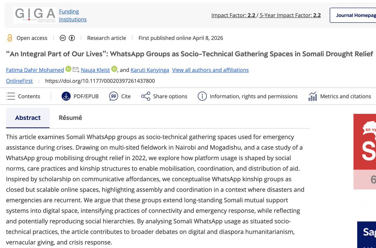 AfricaSpectrum's tweet photo. 🆕 How do communities organise aid during crisis?

@Fatimaa_dm, @Nauja_Kleist and @karutikk examine how Somali WhatsApp groups function as spaces for coordinating drought relief, extending kinship-based support into digital humanitarian action.

🔗 https://t.co/hAJvYkV3bQ https://t.co/g0xYYs8b4b