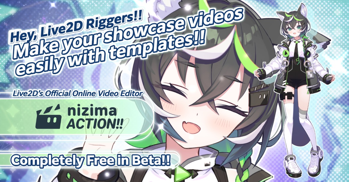 nizima_action's tweet photo. 📢Hey, Live2D riggers! nizima ACTION!! is Live2D's official online video editor with full support for Live2D models. Track your model while recording, and easily create short videos with various templates. Try it now, completely free during beta!