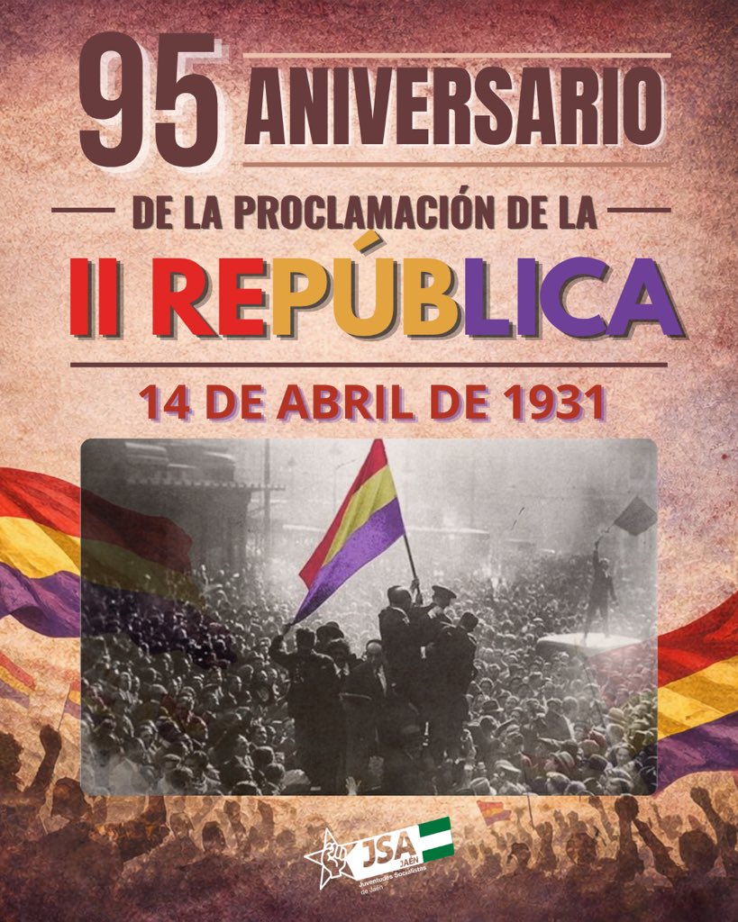 JSAJaenCep's tweet photo. Hoy, en el 95 aniversario de la Segunda República Española, desde Juventudes Socialistas de Jaén recordamos los avances que marcaron esa época: más derechos, más igualdad, más libertad.

La memoria es el camino para seguir avanzando.

#14deAbril #MemoriaDemocrática #Jaén #parati https://t.co/usNQkv9wc3