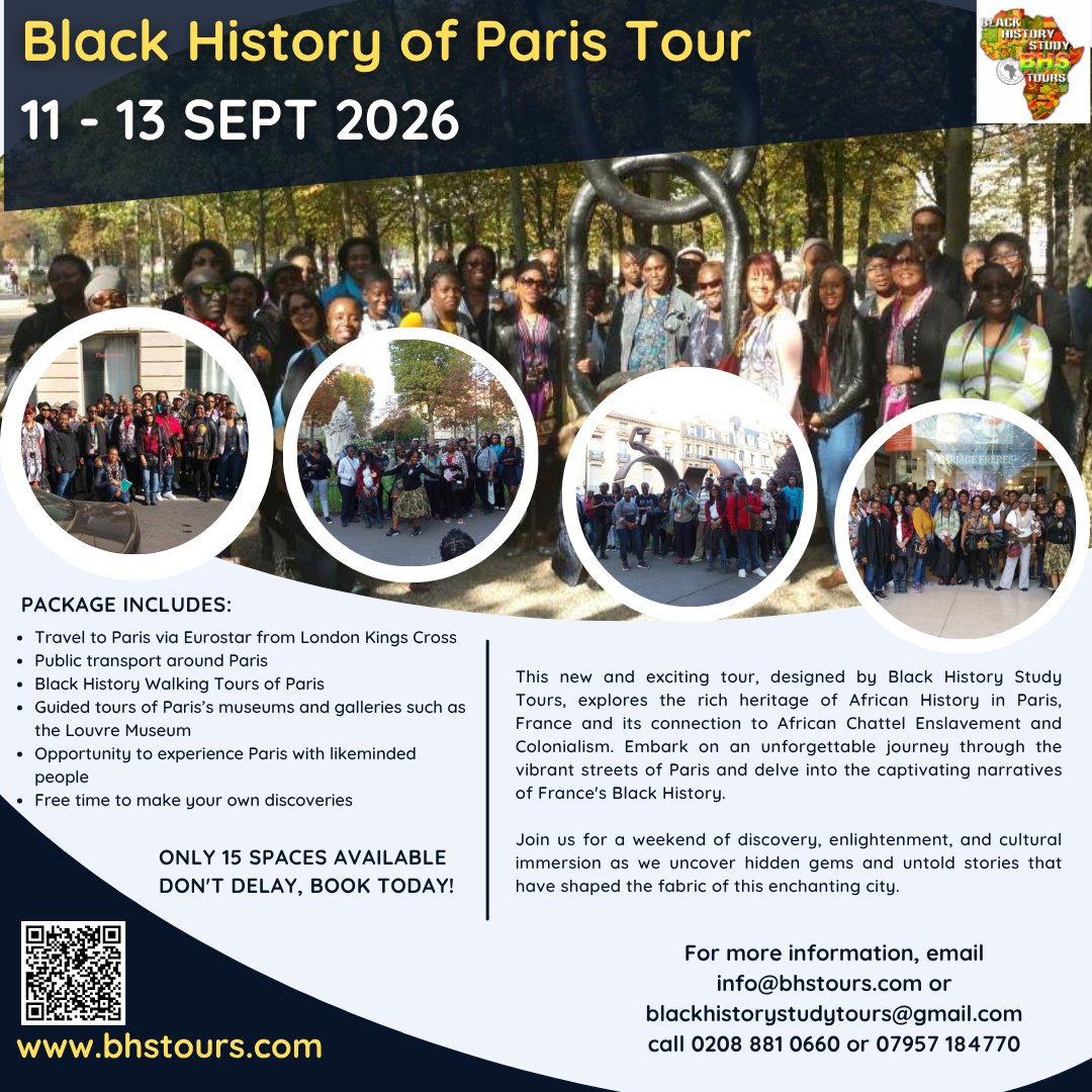BlkHistStudies's tweet image. NEW TOUR - Book on our Black History of Paris Tour: Uncovering the Hidden Black History in Paris, Fri 11 - Sun 13 September 2026. For more info, go to blackhistorystudies.com/study-tours/bl… #paris #blackhistory #blackparis #blackhistorystudytours