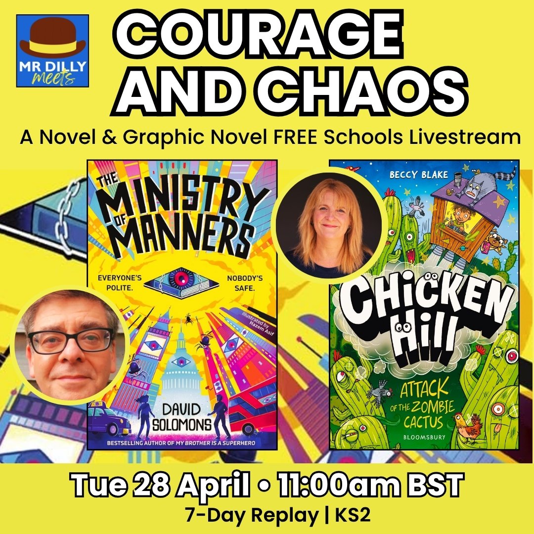 mrdillypresents's tweet image. #Schools! #Teachers! #Librarians! Join me for some COURAGE &amp;amp; CHAOS - A Novel &amp;amp; Graphic Novel FREE livestream with David Solomons &amp;amp; Beccy Blake 👉 Tue 28 April 11am Watch Live or on 7 Day Replay➡️ Book here tinyurl.com/ymfzrssc #GoAllIn2026 #Childrensbooks @BloomsburyBooks