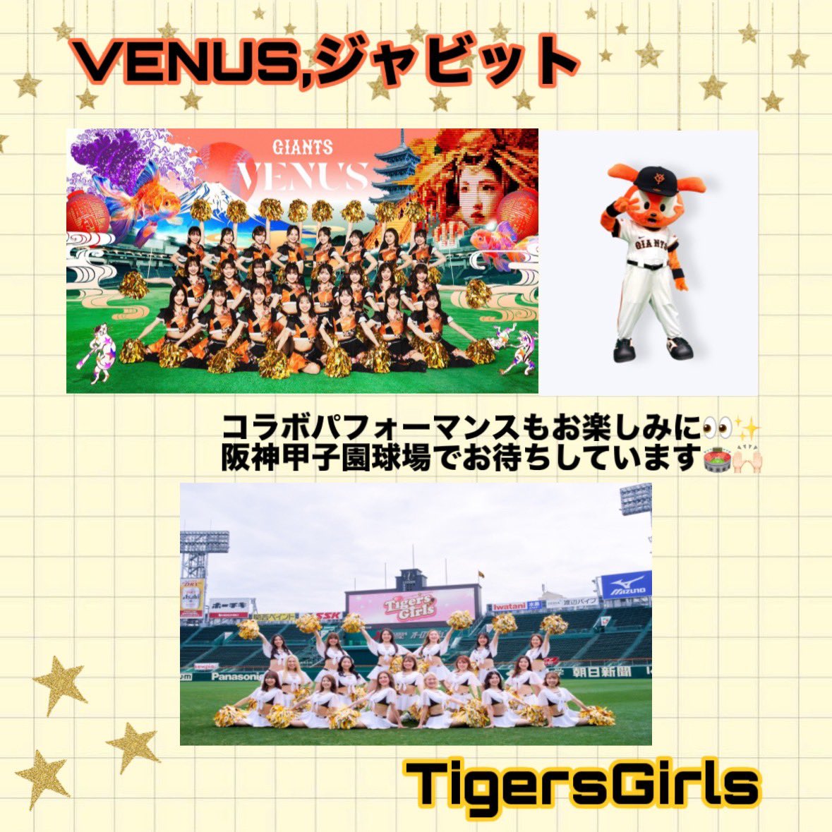 tigers_girls_'s tweet image. 🫧\マスコット・チア交流のお知らせ/🫧

今日と明日は、
#読売ジャイアンツ より #ジャビット と #VENUS さんがご来場されます🧡

試合観戦はもちろん！
🌼2日間限定🌼試合前のステージや球場内でのコラボパフォーマンスもぜひお楽しみください✨

#阪神タイガース
#タイガースガールズ