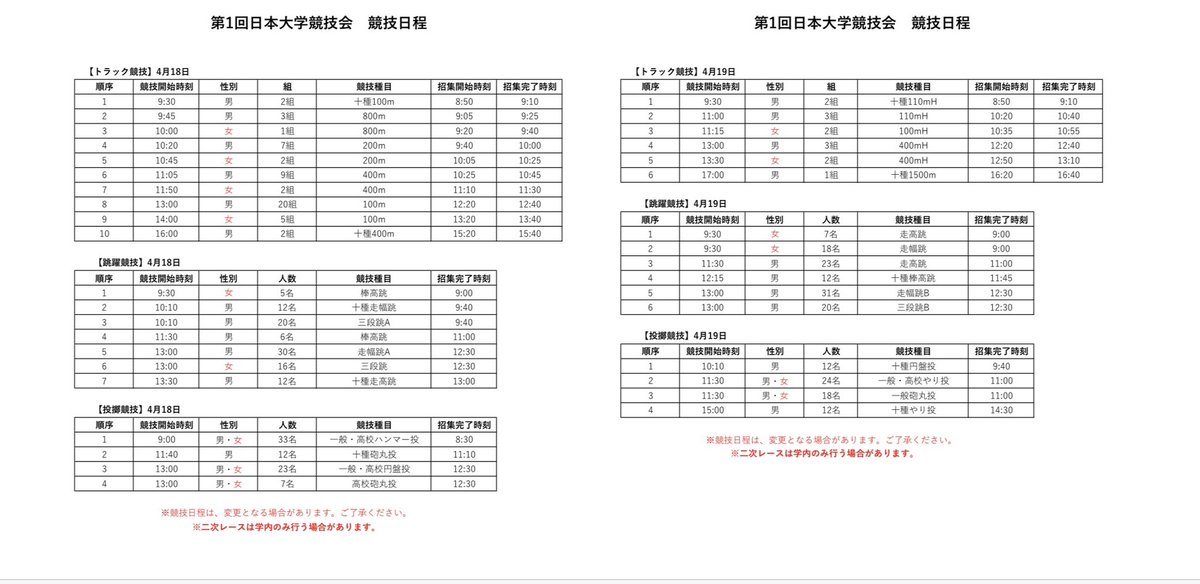 第1回日本大学競技会】 タイムテーブルをホームページに掲載いたしまし
