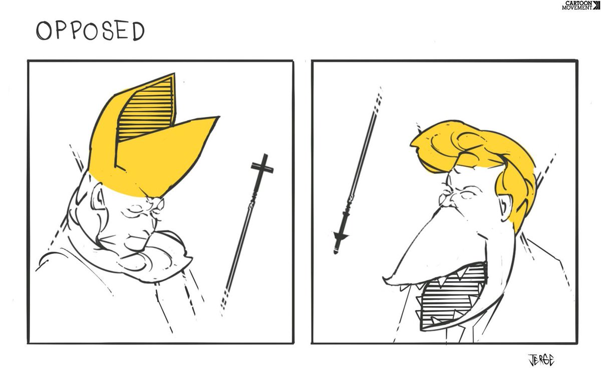 cartoonmovement's tweet image. Two things that couldn't be further apart. Today's cartoon by @monerojerge. More cartoons: buff.ly/KC19Ivq

#pope #Trump #war #peace