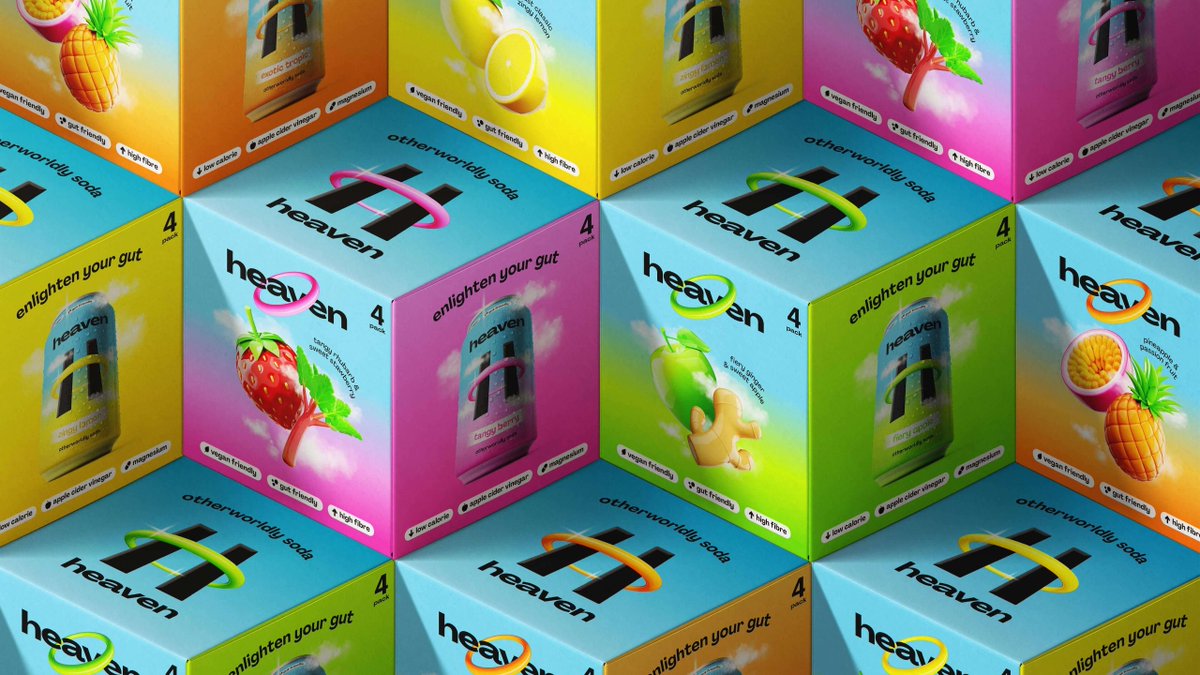 packagings's tweet image. Heaven #soda - The #brandidentity draws from #Y2K aesthetics, gaming, and virtual worlds to land on a hyperreal visual language: glossy CGI fruits, a halo-bound "H" mark.

packagingoftheworld.com/2026/04/heaven…

#packagingdesign by Deuce Studio

3D illustration collaboration: Yuliia Osadcha