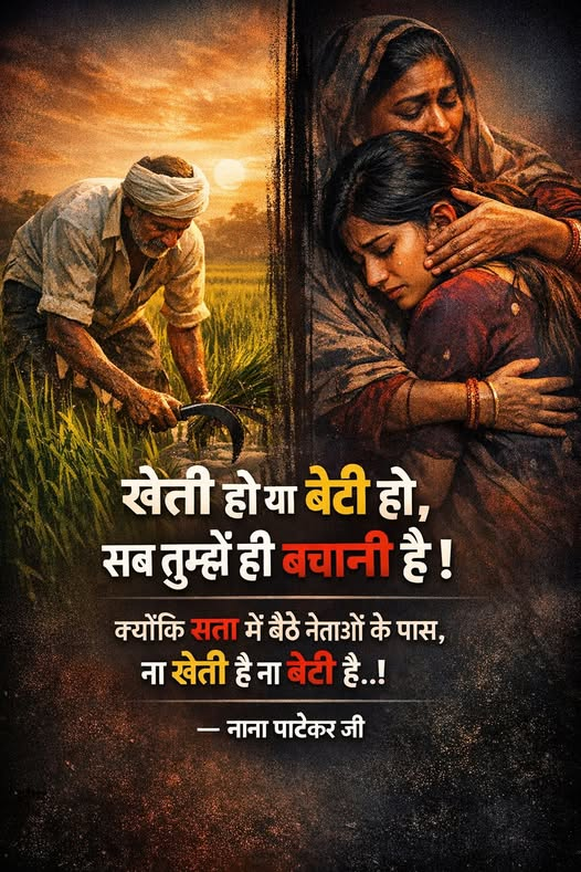 "खेती हो या बेटी हो,
सब तुम्हें ही बचानी है !
क्योंकि सत्ता में बैठे नेताओं के पास,
ना खेती है ना बेटी है..!"