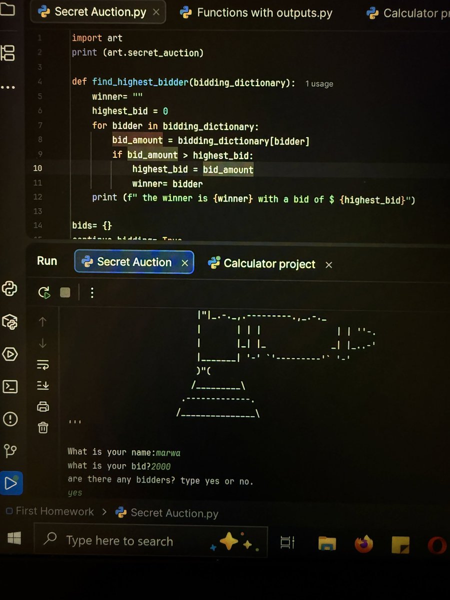 Mary_cti's tweet photo. Just completed the #Secret_Auction project!  💰🐍Practice with #Python dictionaries and while loops to create a secure, anonymous bidding system. 
@CodeToInspire 
#AfghanGirlsCode #WomenInTech #WomenLeaders #GirlsCode #programming #AfghanGirlsLearn #Coding #letHerLearn https://t.co/e4CiY2PJRM