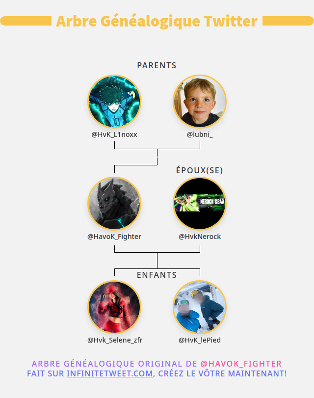 HavoK_Fighter's tweet image. 👨‍👩‍👧‍👦 Ma Famille Twitter:
👫 Parents: @HvK_L1noxx @lubni_
👰 Époux(se): @HvkNerock
👶 Enfants: @Hvk_Selene_zfr @HvK_lePied

➡️ infinitetweet.me/family-tree?la…