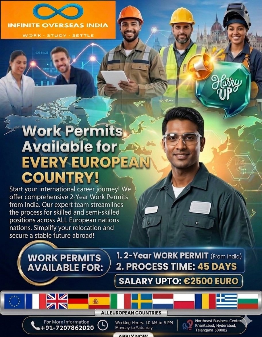 ioi_connect's tweet image. Infinite Overseas India: 2-Year Work Permits for ALL European countries.

✅ 45-Day Processing✅ Salary up to €2500✅ Skilled &amp;amp; Semi-skilled
📍 Khairatabad, Hyderabad 📞 +91-7207862020
Apply now! ✈️💼

#EuropeJobs #WorkPermit #Hyderabad #Jobs #WorkAbroad