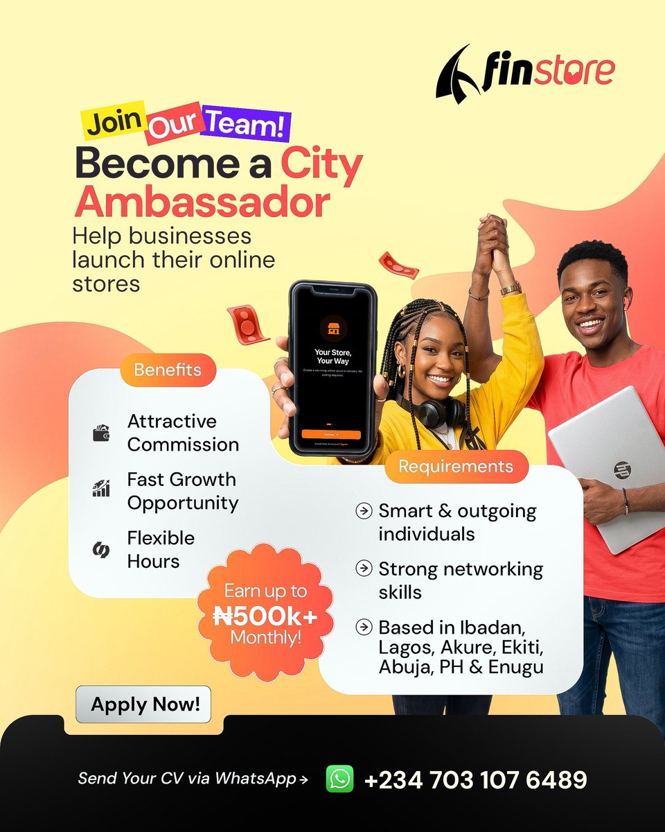 finstoreafrica's tweet photo. Ready to earn on the go? πΌβ¨
Join Finstore as a Field Marketer and get rewarded for connecting businesses to growth.
π Flexible work
π° Earn as you go
π Be part of something big
Apply now via WhatsApp 07031076489.
#finstore #ecommerce #fieldmarketers #ecommerceafrica https://t.co/Tkt82goORd