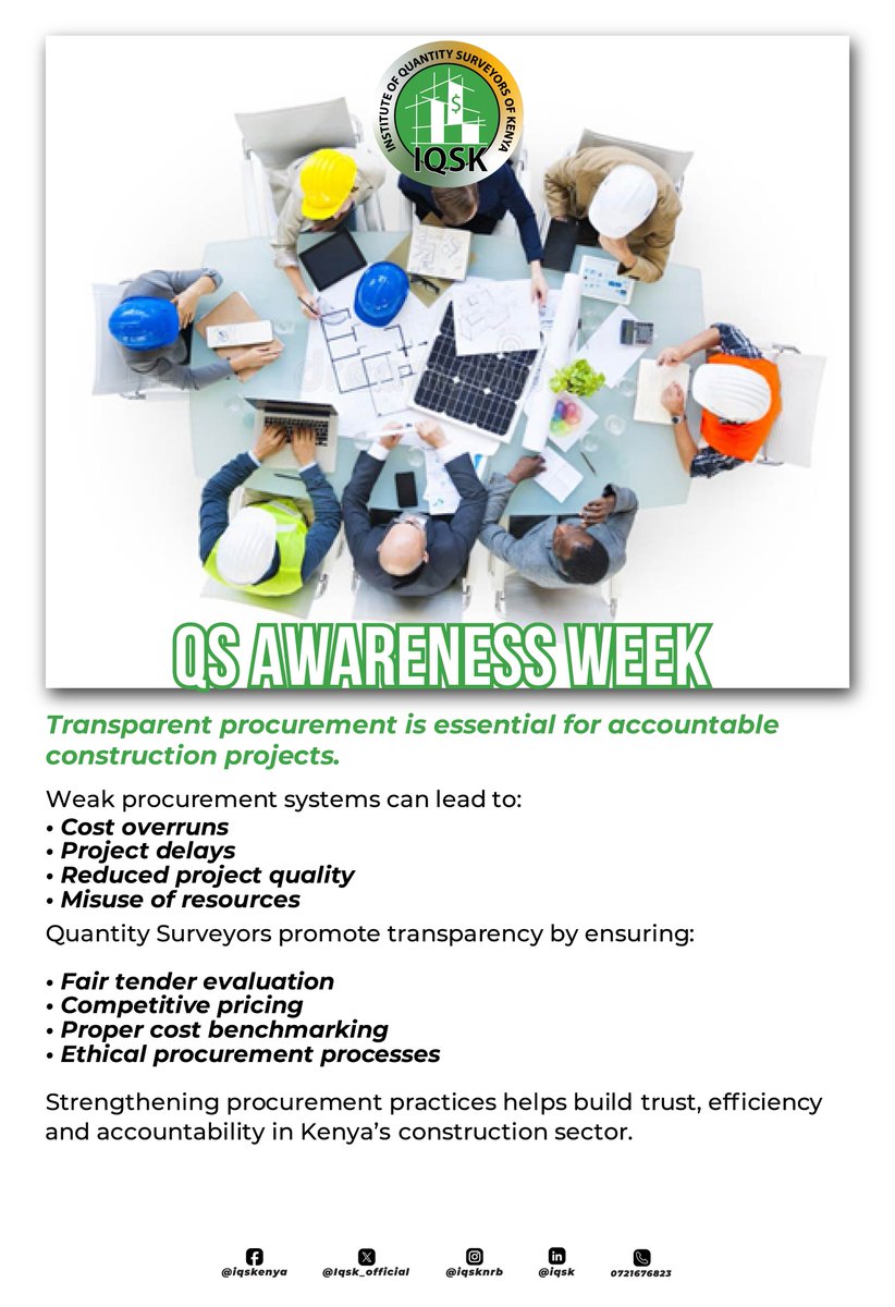 IQSK_Official's tweet photo. Day 2 – QS Awareness Week
Transparent procurement ensures projects are delivered fairly, efficiently and with value for money.
Quantity Surveyors help safeguard this process through ethical tendering and cost analysis.
#QSAwarenessWeek https://t.co/UQKnhvIDno