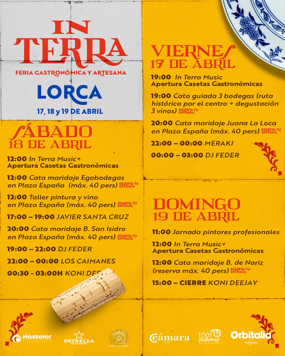 lorcaturismo_es's tweet image. 🍷🎶Este fin de semana en Lorca: gastrofestival 'In Terra' en la Plaza de España. Gastronomía regional, vinos y música en directo. 

🎫17–19 de abril. Entrada libre. 

#InTerra #Lorca