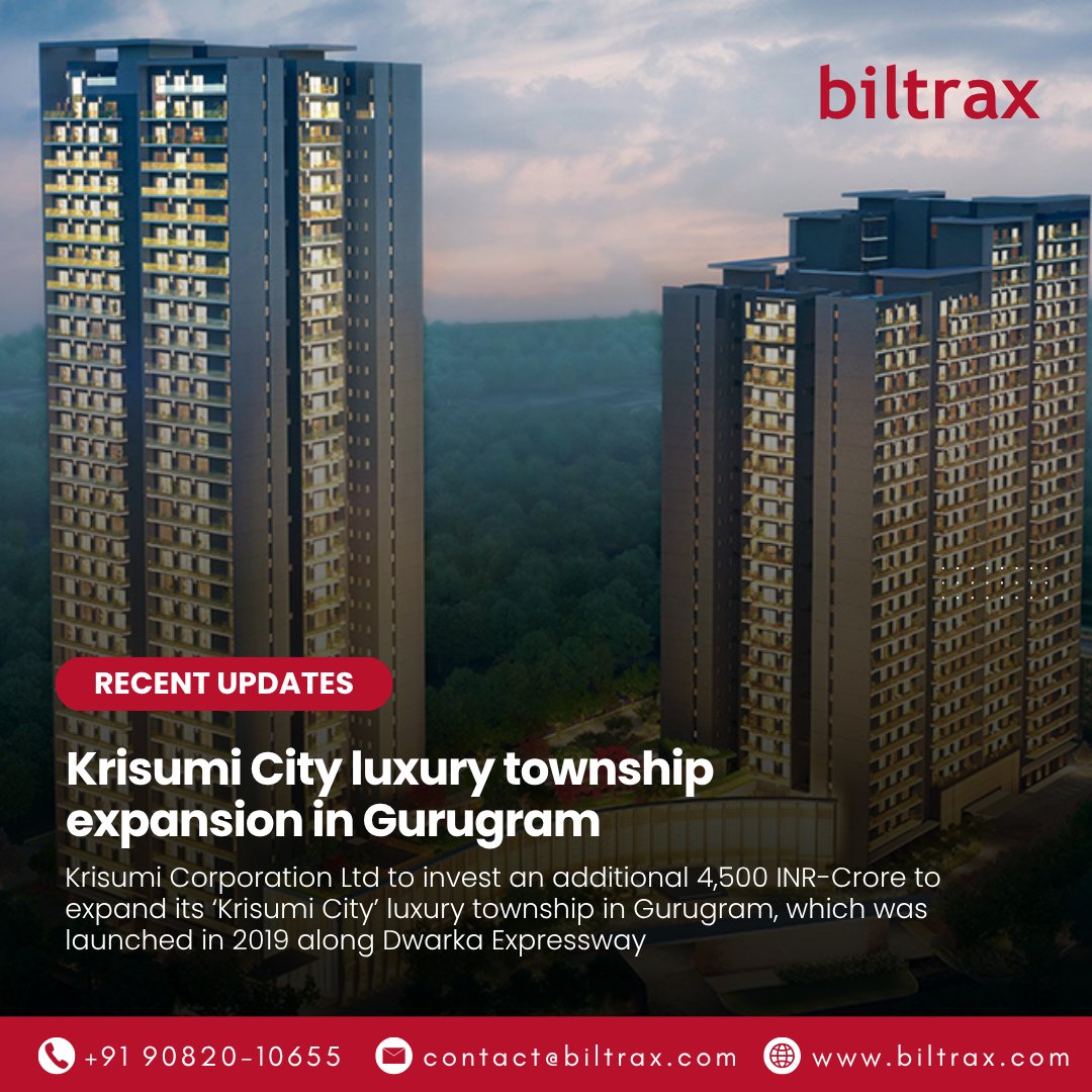 Biltrax_Media's tweet image. @Krisumiprojects to invest an additional 4,500 INR-Crore to expand its Krisumi City luxury township in Gurugram launched in 2019

#Gurugram #DwarkaExpressway #NCRRealEstate #KrisumiCity #ResidentialProjects  #RealEstate