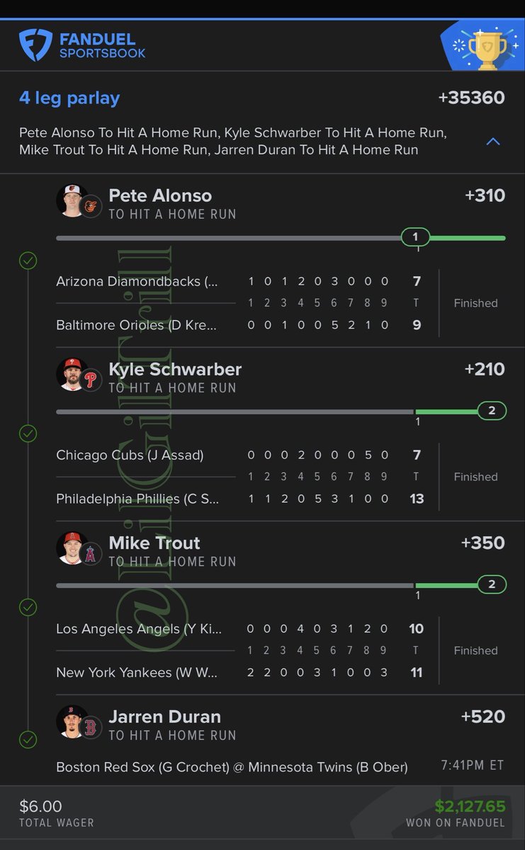 LilGilTrill's tweet image. 2 weeks into 162 game MLB season
+35360 ✅ $6 for $2,127.65

starting today EVERY 2-4 leg i play
will be posted here on X for free 
till next BIG hit like this… 
then im joining a betting group

(when i get you a hit like this use it to join)
#Gambling𝕏 #GamingCommunity #GT