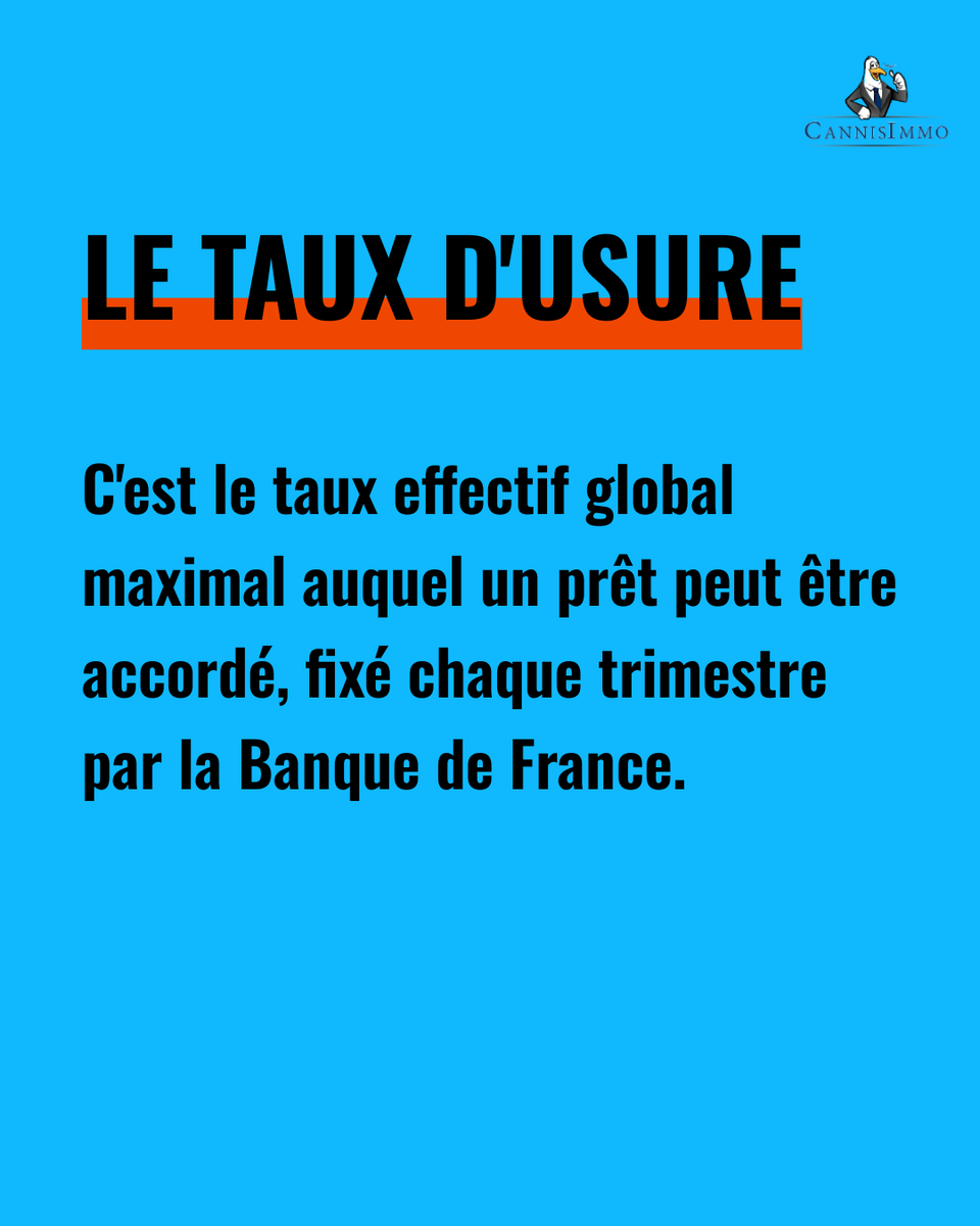 Cannisimmo1's tweet photo. Qu'est-ce que le taux de l'usure et pourquoi est-il important ? 👇 Le taux de l'usure est le taux maximal auquel un prêt peut être accordé. Il est fixé chaque trimestre par la Banque de France pour protéger les emprunteurs contre des taux d'intérêt excessifs. Selon (1/3) https://t.co/Kj7fNcqstI