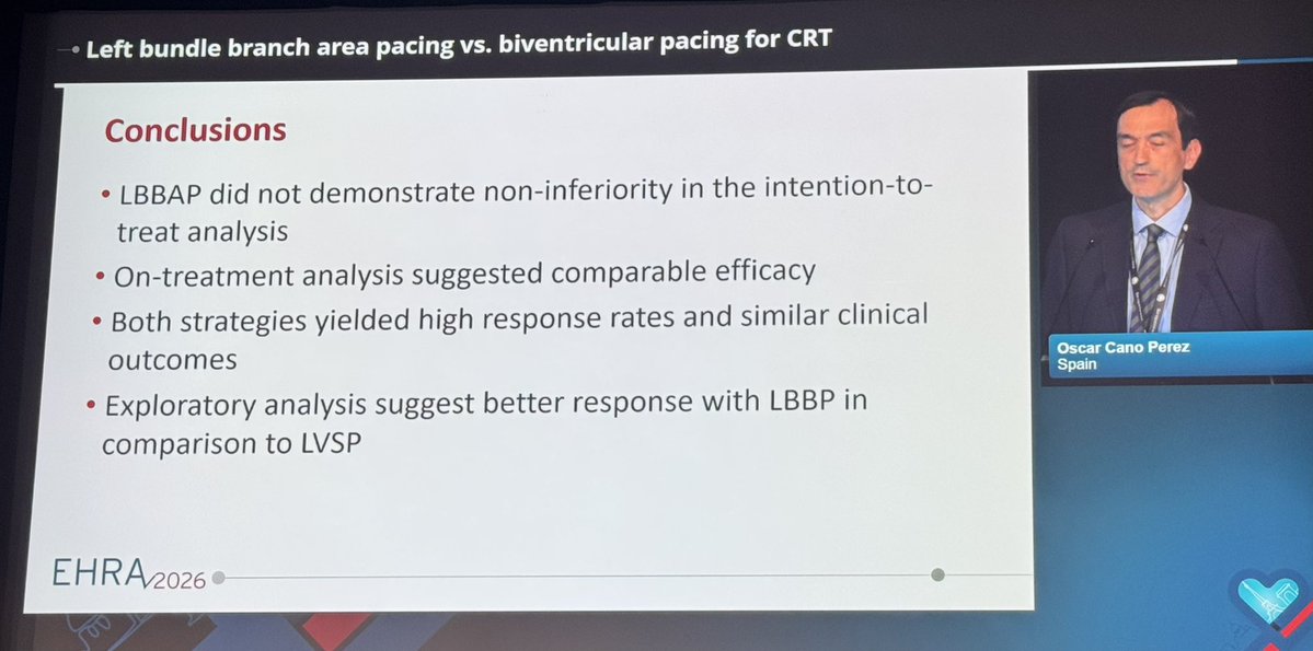 Dr_Ahmed_Ammar's tweet image. And the dilemma continues

Left Bundle CRT trial
⬇️
LBBAP did not met non inferiority vs BiVP
in patients with typical LBBB

LECART trial
⬇️
LBBAP showed less device related complications and similar functional improvement vs BiVP in patients with non RBBB

#EHRA26 
#EPeeps