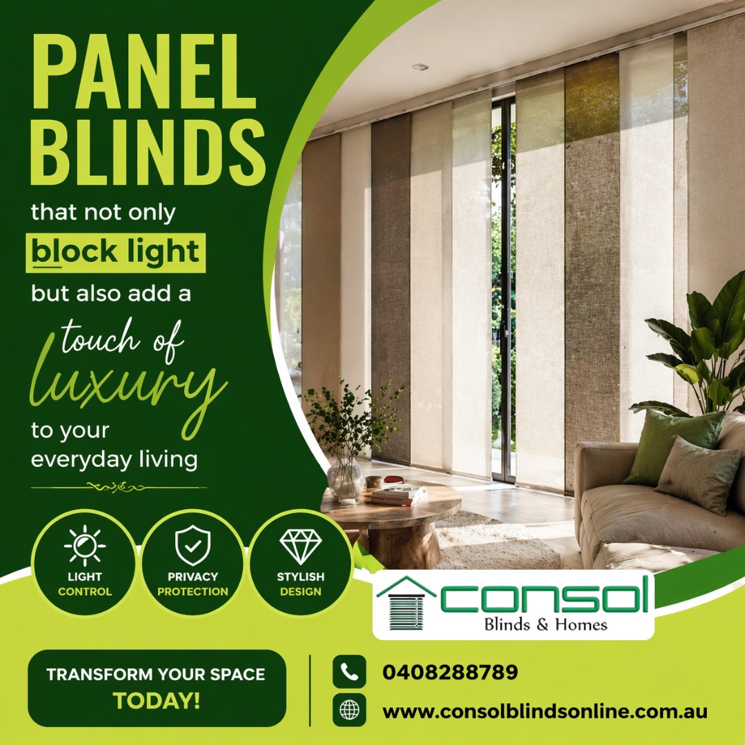 consolblinds's tweet image. Panel Blinds that not only block light but also add a touch of luxury to your everyday living.

🛒Shop now - consolblindsonline.com.au/panel-blinds

#PanelBlindsStyle #LuxuryInteriors #HomeComfort #ModernBlinds #InteriorGoals #WindowSolutions #HomeStyling #DecorInspo #LivingRoomDesign