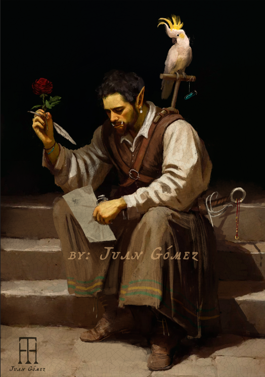 📜 A quiet moment between adventures: a half-orc sits in the stairs, quill in hand, deep in thought. On his shoulder, a feathered companion keeps watch as he writes a letter home or perhaps to a lost love. 🦜

The bravest warriors have the softest hearts
#DnD #CharacterArt