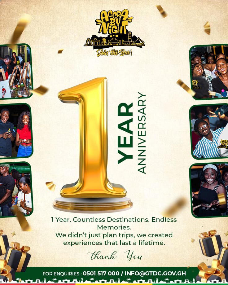 gtdc_ghana's tweet photo. 🎉 #AccraByNight Turns One!

Join us this April 24th as we celebrate 1 year of night fun on wheels 🚌✨

Calling all loyal & wannabe riders , it’s time to #JoinTheBus!

📞 0501517000(enquiries)

💳 Pay via Ghana Tourism Marketplace https://t.co/IYM8wXAt8O

#AccraByNight #JoinTheBus #ExploreGhana