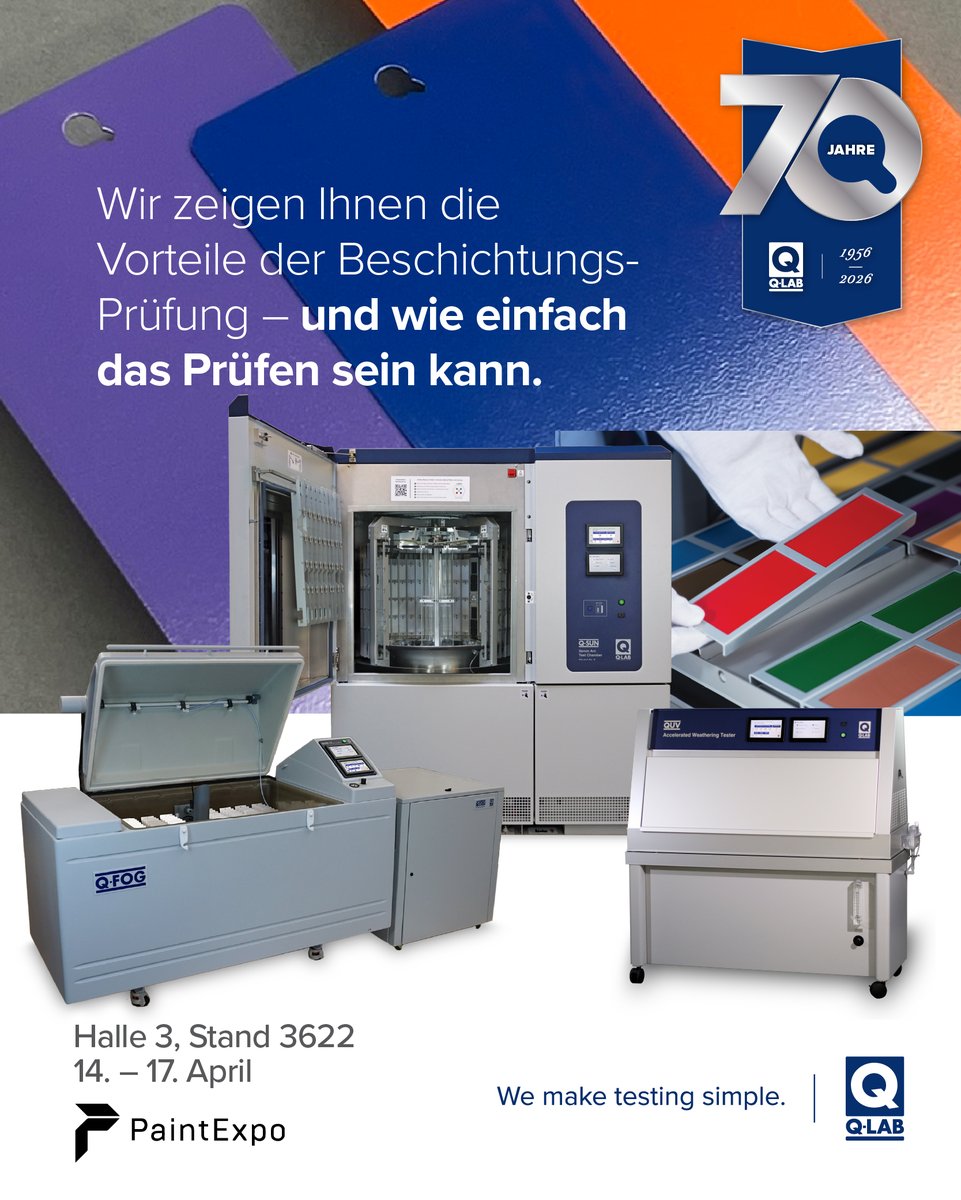 QLabWeathering's tweet photo. Besuchen Sie Q-Lab auf der Messe Karlsruhe am Stand 3622 und entdecken Sie unsere Beschleunigungstestkammern, unsere Lösungen für natürliche und beschleunigte Außenbewitterung sowie unsere Testuntergründe für Lacke. https://t.co/UrlY9pNYGc