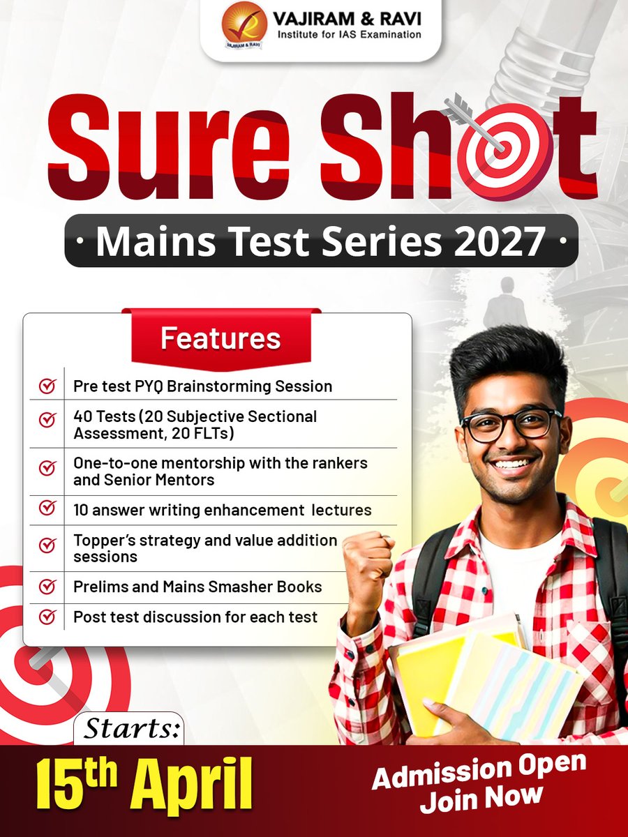 VajiramRavi's tweet photo. Introducing Vajiram &amp; Ravi’s Sure Shot Mains Test Series 2027 – a result-oriented and rank-focused test series.

📲 Enrol now &amp; begin your journey to Mains mastery 👉 https://t.co/vpwWvnDVYL
#MainsTestSeries #VajiramAndRavi #IASPreparation #GSAnswerWriting #UPSCMains2026 https://t.co/qgjLAwbBU3
