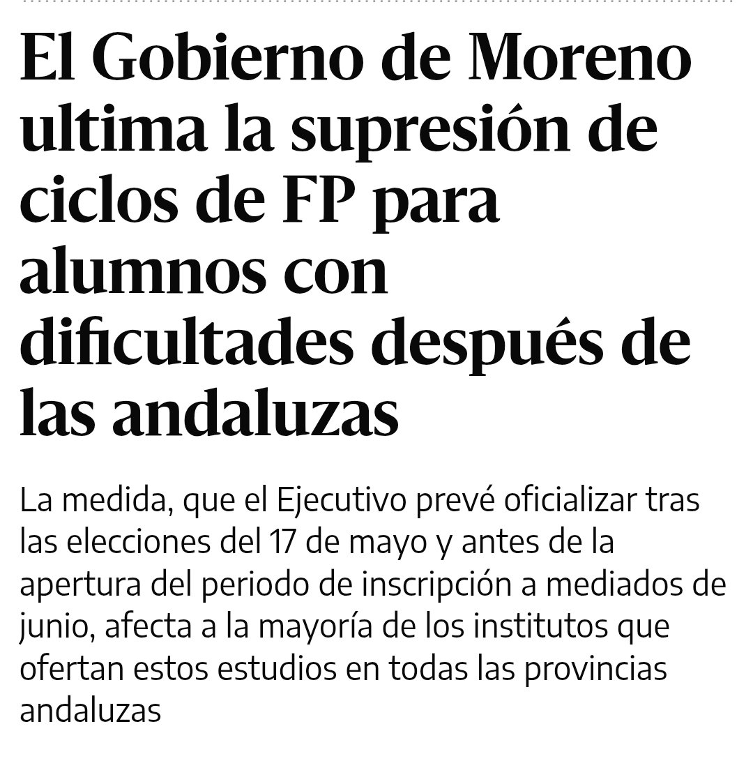 Moreno Bonilla quiere eliminar la FP pública para alumnado con necesidades educativas especiales.

Una condena al paro y a la marginalidad de por vida para quienes no puedan ir a un centro privado.

Muy cruel.