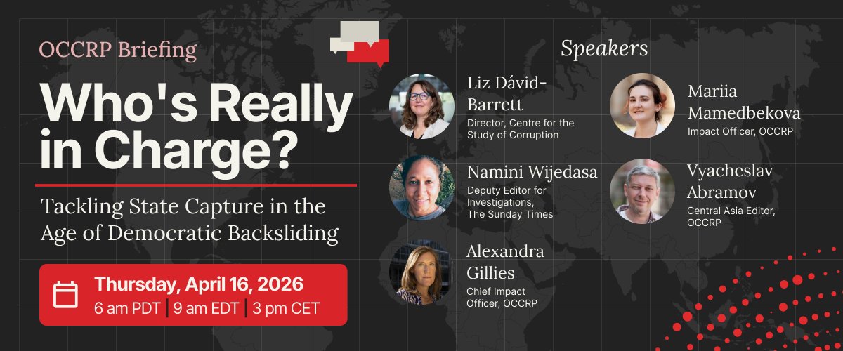 OCCRP's tweet image. The most effective way to steal from a nation isn’t to break its laws — it’s to rewrite them. That’s state capture.

Join our OCCRP Briefing on tackling state capture and the role of investigative journalism.

Free access for all OCCRP members: mailchi.mp/occrp/whos-rea…