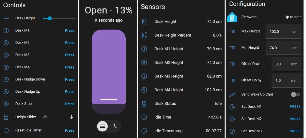 cnxsoft's tweet image. ESP32-based standing desk controller
cnx-software.com/2026/04/14/des…

Designed by SmartHomeGuys in the UK, the DeskUp Pro connects to a standard RJ11/RJ12 port on a standing desk, bridging it to your local network over 2.4 GHz Wi-Fi.

The device ships with ESPHome and is compatible with