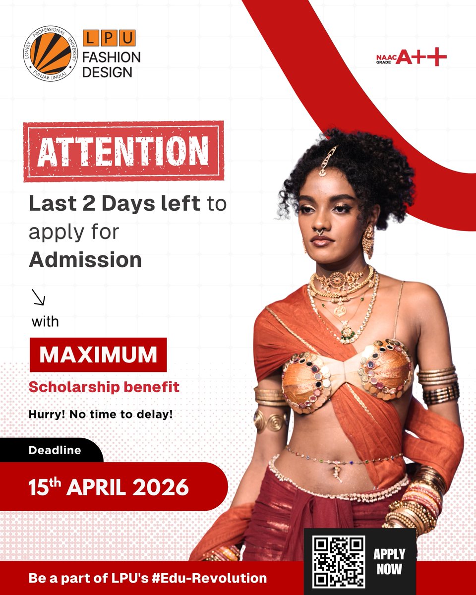 lpufashion's tweet image. Only 2 days left to apply for Fashion Design with maximum scholarship benefits. Don’t miss this opportunity to step into the world of creativity, style, and innovation.

📅 Deadline: 15th April 2026
✨ Apply now and be a part of something extraordinary!
#LPU #FashionDesign