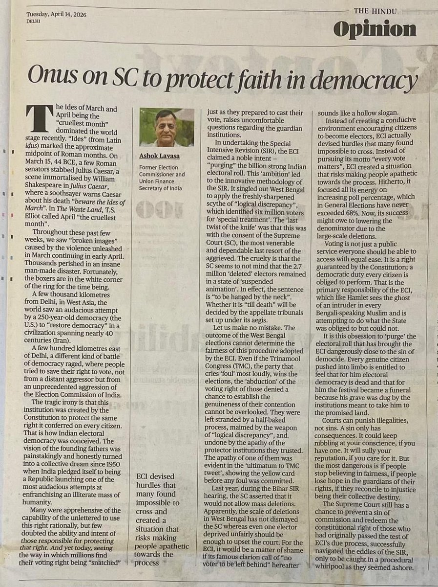The SC still has a chance to redeem the sin of commission &amp; restore the votes of those who had successfully navigated the SIR process &amp; whose names have now been deleted in the ‘Logical discrepancy’ process: Ashok Lavasa, former Central Election Commissioner