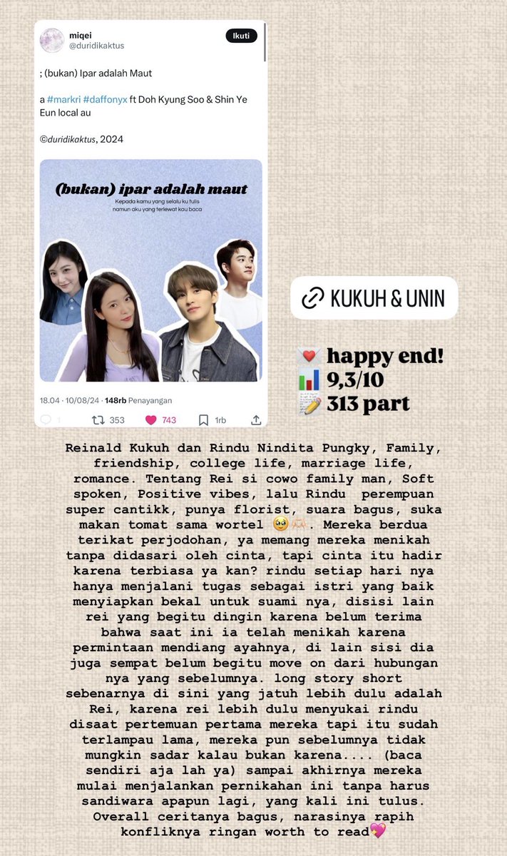 archivenyaaya's tweet photo. 23. (bukan) Ipar adalah Maut a #markri #daffonyx ft Doh Kyung Soo & Shin Ye Eun local au
📊 9,3/10
💌 happy end
📝 313 part https://t.co/1apUD60QMk