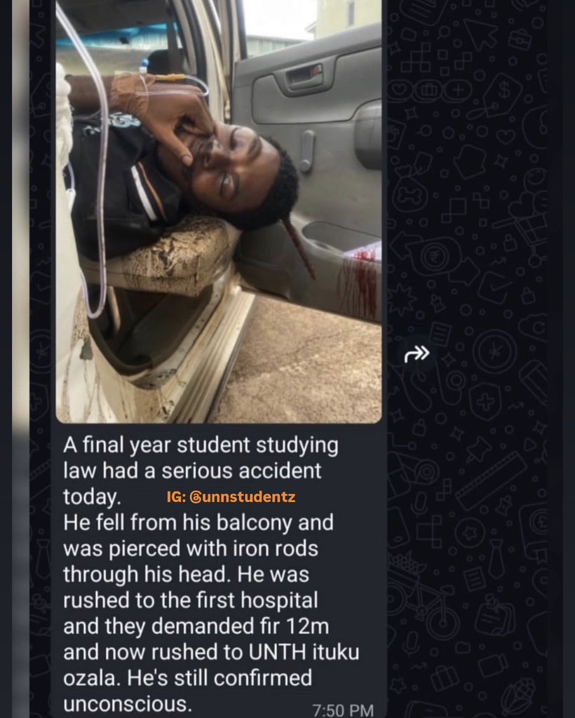unnstudentz's tweet image. Donald, a final-year Law student of UNN Enugu campus is currently at UNTH after a tragic fall that left a rod lodged in his skull yesterday .
He fell from a balcony and was pierced with iron rods through his head.
UNTH Is Demanding N12m 
Let’s save Donald 🙏🥺