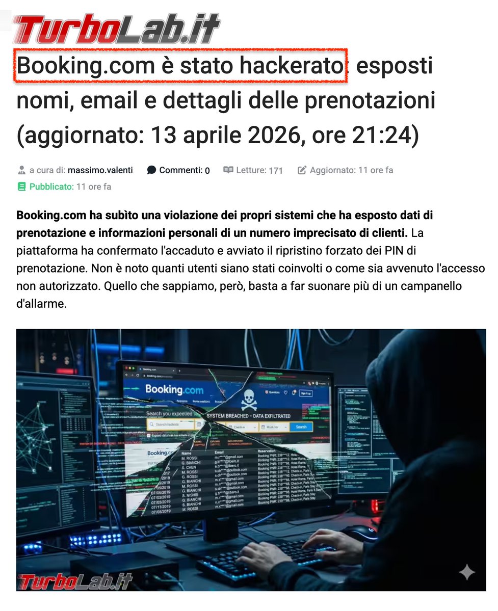 forensico's tweet image. Forse è eccessivo dichiarare che #booking è stato #hackerato ma pare effettivamente che molti utenti abbiano ricevuto un messaggio che parla di accessi non autorizzati a "dettagli della prenotazione, i nomi, gli indirizzi e-mail, gli indirizzi fisici e i numeri di telefono ad