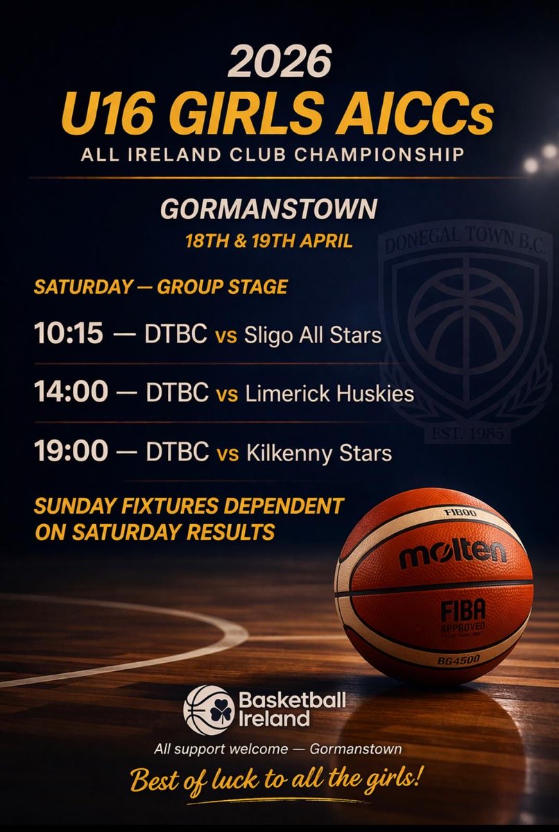 sineadlarry's tweet photo. Wishing our DTBC U16 Girls the very best of luck as they represent Donegal at the All Ireland Club Championships this weekend 💙💛

📍 Gormanstown
📅 18th &amp; 19th April

#DTBC #AICCs #GirlsBasketball #AllIrelandClubChampionship
@BballIrl @DonegalTownBB https://t.co/d8Xrlp1O0S