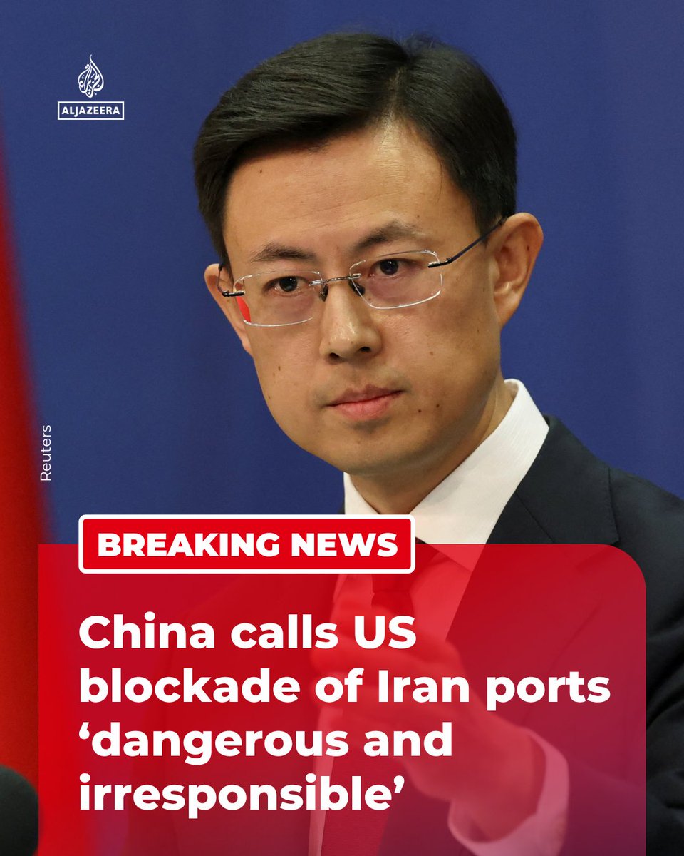 AJEnglish's tweet photo. BREAKING: Chinese foreign ministry spokesman Guo Jiakun says the US “increased military operations and took a targeted blockade action, which will only exacerbate tensions and undermine the already fragile ceasefire agreement”.

🔴 LIVE updates: https://t.co/h9U0X7iwxy https://t.co/QOBY0fqvCn