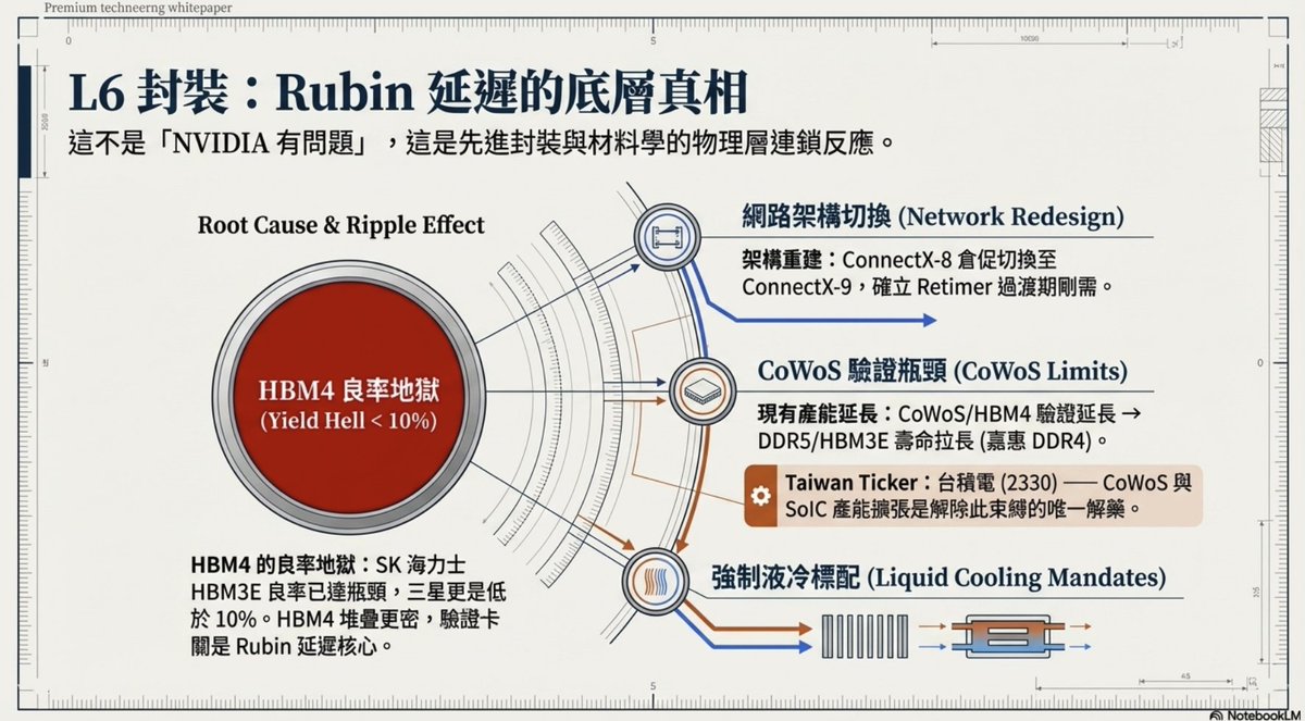 L6 封裝：CoWoS 壟斷 + HBM4 良率地獄

NVIDIA Rubin 傳出延遲。但大部分人只看到「NVIDIA 有問題」。沒看到封裝層的真相。

CoWoS 是台積電的壟斷。沒人做得出來。一片 CoWoS 基板要經過 12 層光刻 + 混合鍵合 + RDL 再分佈層。良率不到 80%。台積電把 CoWoS 產能全給 NVIDIA。蘋果、AMD、Google