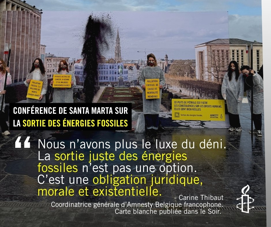 La conférence sur la sortie des énergies fossiles à Santa Marta en Colombie est cruciale.

Des pays du monde entier, dont la Belgique, y participent : arriveront-ils à se sevrer de cette drogue dure et dangereuse qu'est le pétrole ? 

Notre carte blanche 👉amnesty.be/santa-marta-20…