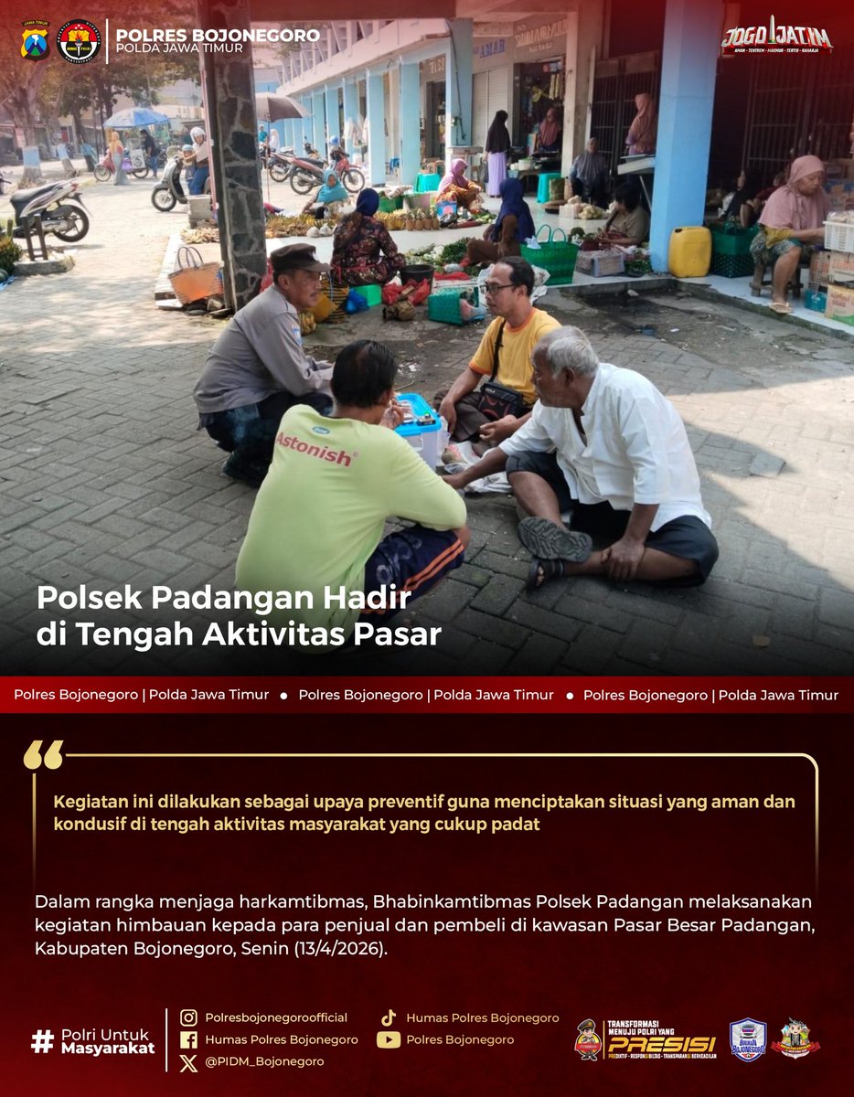 altezza007's tweet photo. Polsek Padangan Hadir di Tengah Aktivitas Pasar

@divisihumaspolri
@spripim.polri
@humaspoldajatim
@gegana_id

#netralitaspolri
#PresisiUntukIndonesia
#HumanisTegakkanHukum
#PolresBojonegoro
#PoldaJawaTimur https://t.co/uLco9aGvXh