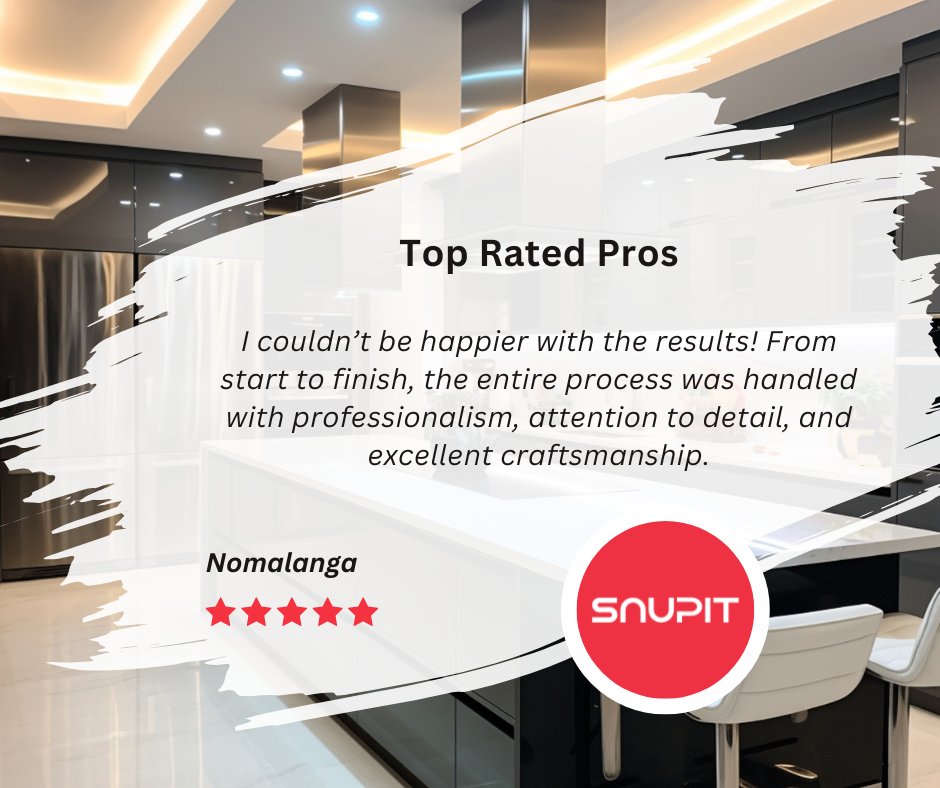 snupitSA's tweet image. Nomalanga shared glowing feedback about Professionals she hired on Snupit to renovate her kitchen.

If you’re looking for trusted experts and top-quality workmanship, Snupit is the place to start.
#topratedpros #customerfeedback #kitchenrenovation #katlehong #gauteng #snupit