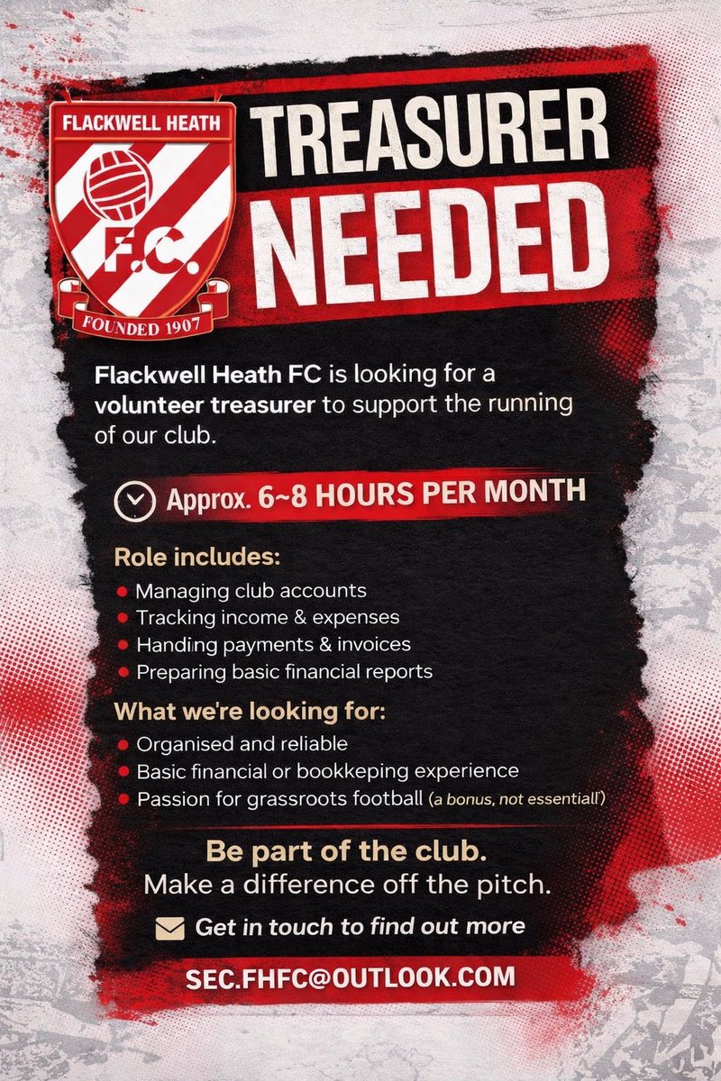 FHFC1907's tweet image. 🚨 Treasurer Needed…. Would you like to join our team?! 

Contact us now…
sec.fhfc@outlook.com 

#Heathens #JoinTheTeam #OneClub